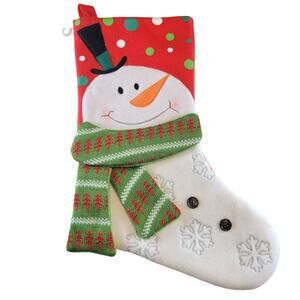 Snowman Christmas Stocking Plush 17" Knit Scarf Buttons Snowflake Red Green